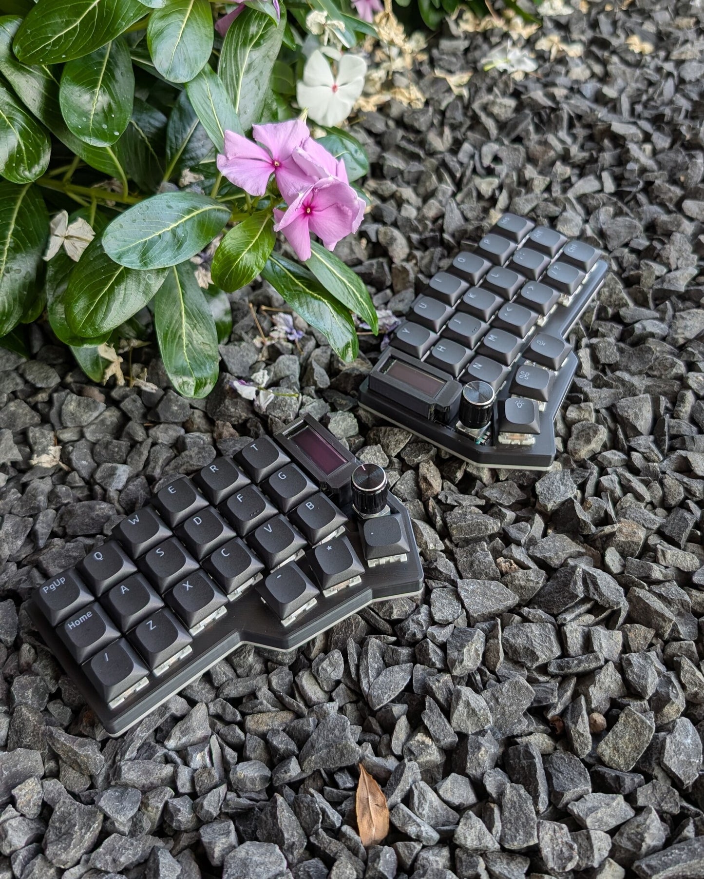 mechanical split keyboard on the rocks